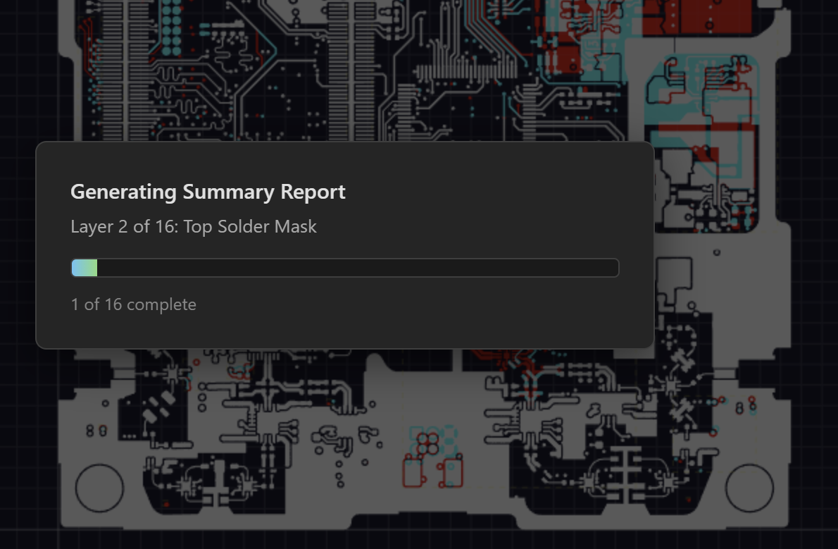v2.8.0 blocking progress overlay showing 'Generating Summary Report', current layer name, progress bar, and 'X of Y complete' counter
